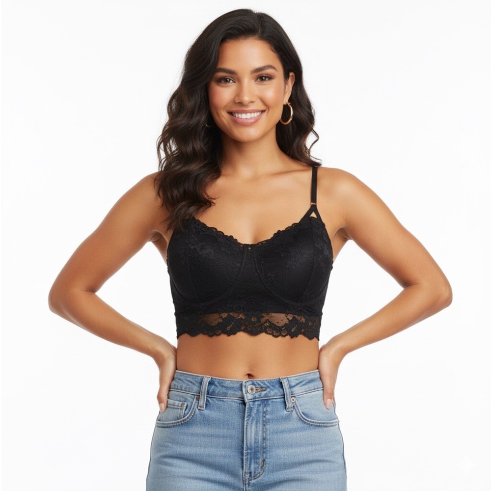 Black Floral Lace Longline Bralette | Adjustable‎ Straps | One Size Stretch Fit